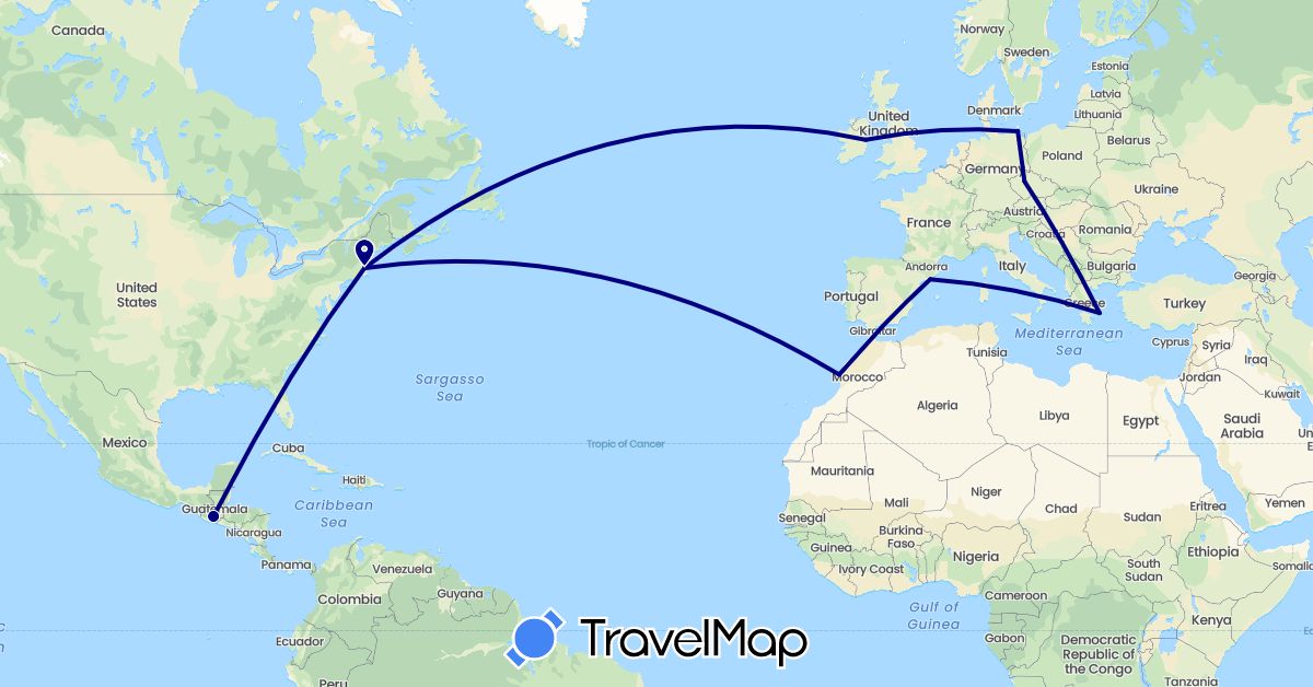 TravelMap itinerary: driving in Czech Republic, Germany, Spain, Greece, Guatemala, Ireland, Morocco, United States (Africa, Europe, North America)